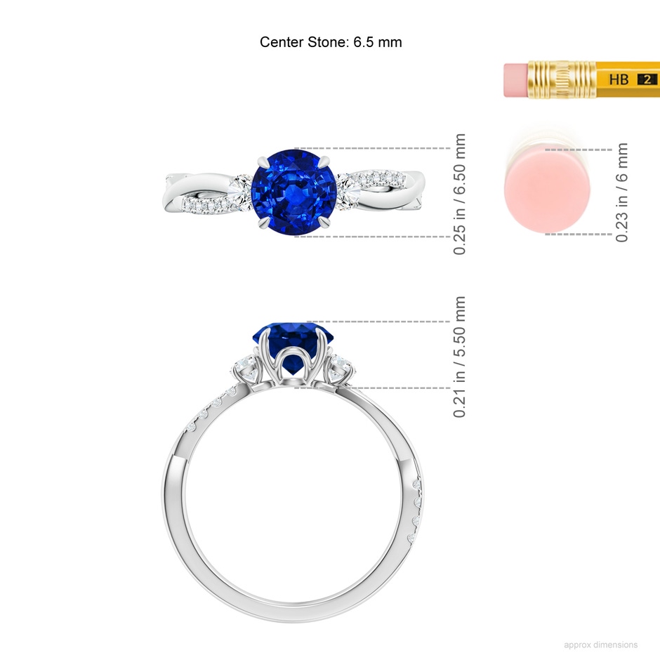 6.5mm AAAA Three Stone Round Blue Sapphire & Diamond Engagement Ring in White Gold ruler