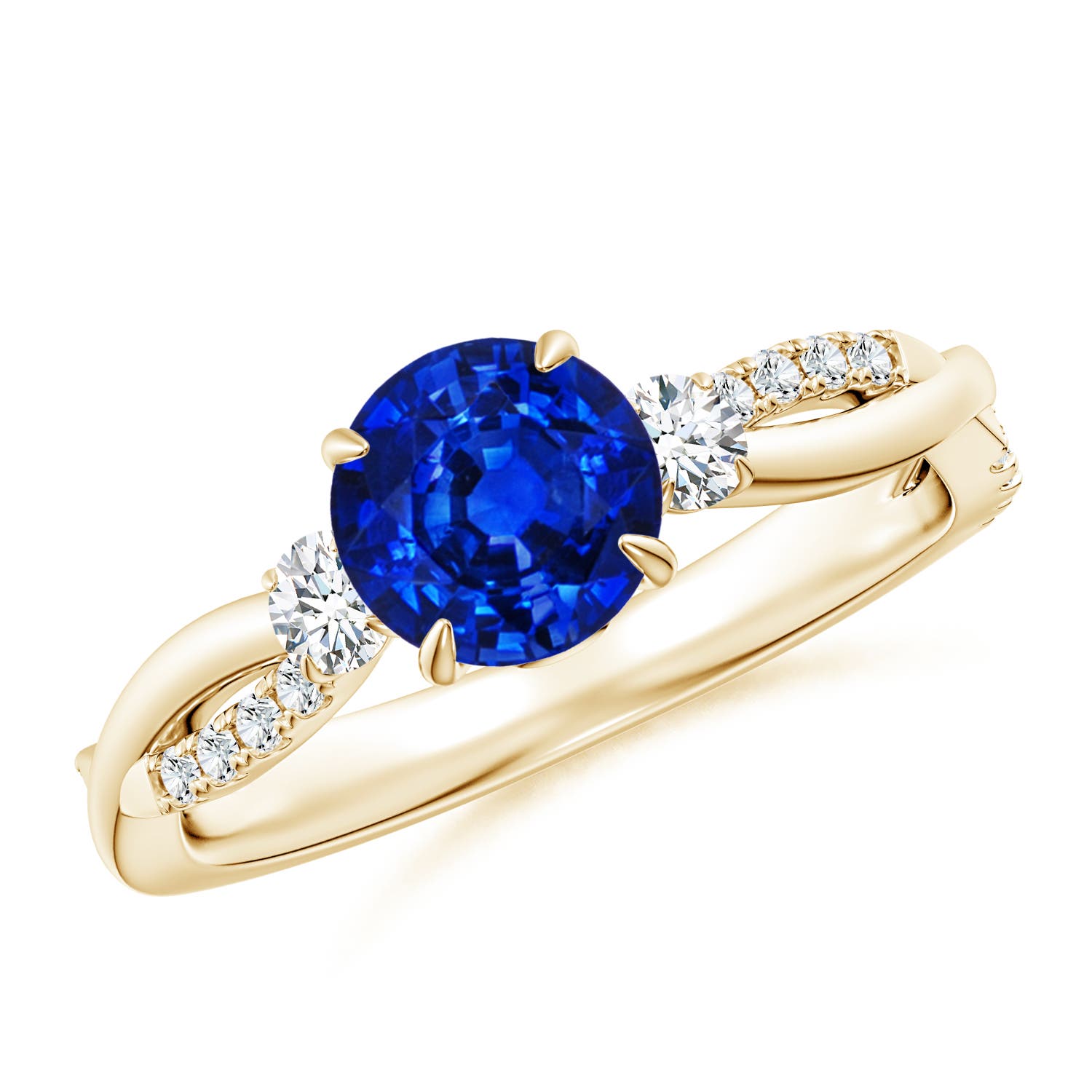 6.5mm AAAA Three Stone Round Blue Sapphire & Diamond Engagement Ring in Yellow Gold