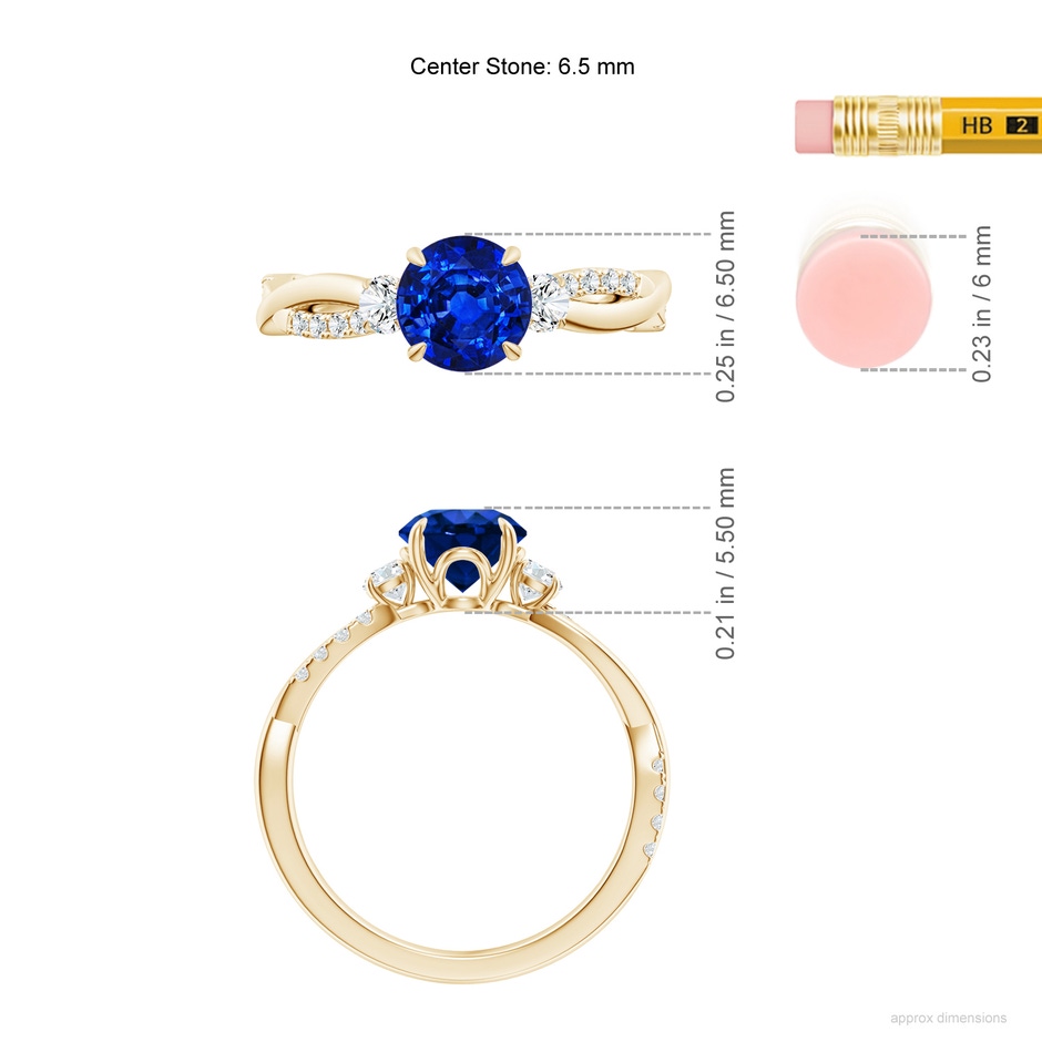 6.5mm Lab-Grown Three Stone Round Blue Sapphire & Diamond Engagement Ring in Yellow Gold ruler