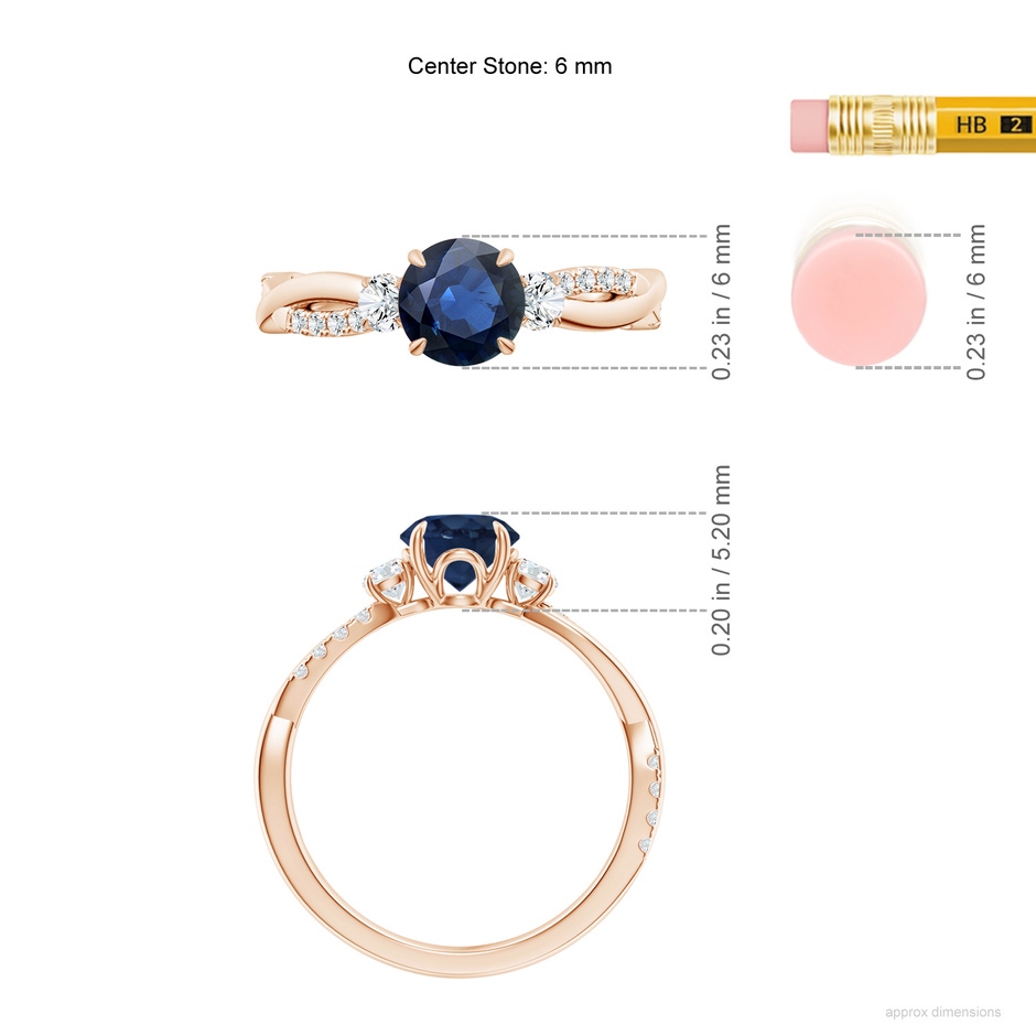 6mm AA Three Stone Round Blue Sapphire & Diamond Engagement Ring in Rose Gold ruler