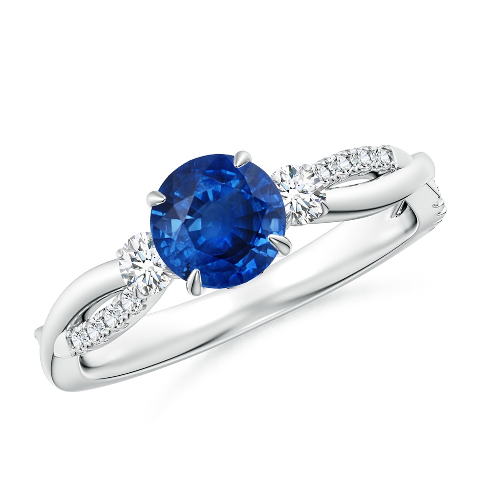 6mm AAA Three Stone Round Blue Sapphire & Diamond Engagement Ring in 18K White Gold 