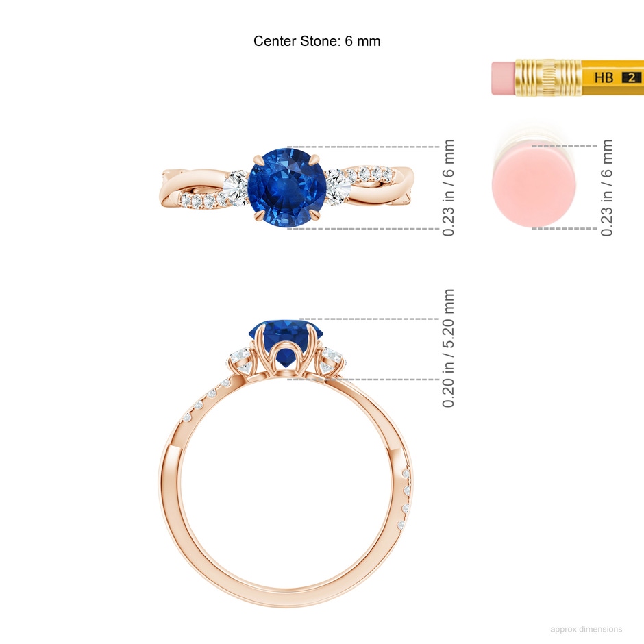 6mm AAA Three Stone Round Blue Sapphire & Diamond Engagement Ring in Rose Gold ruler