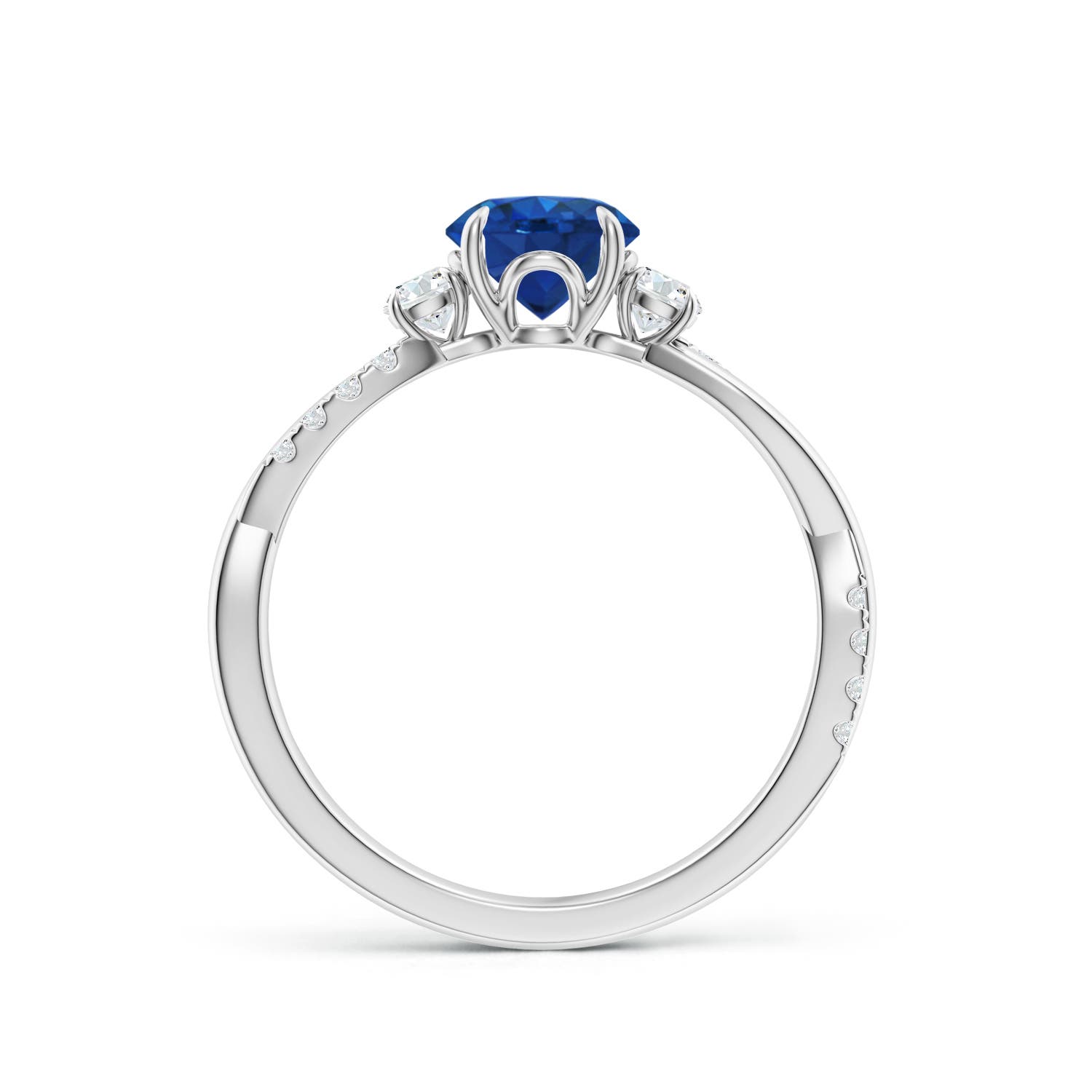 6mm AAA Three Stone Round Blue Sapphire & Diamond Engagement Ring in White Gold