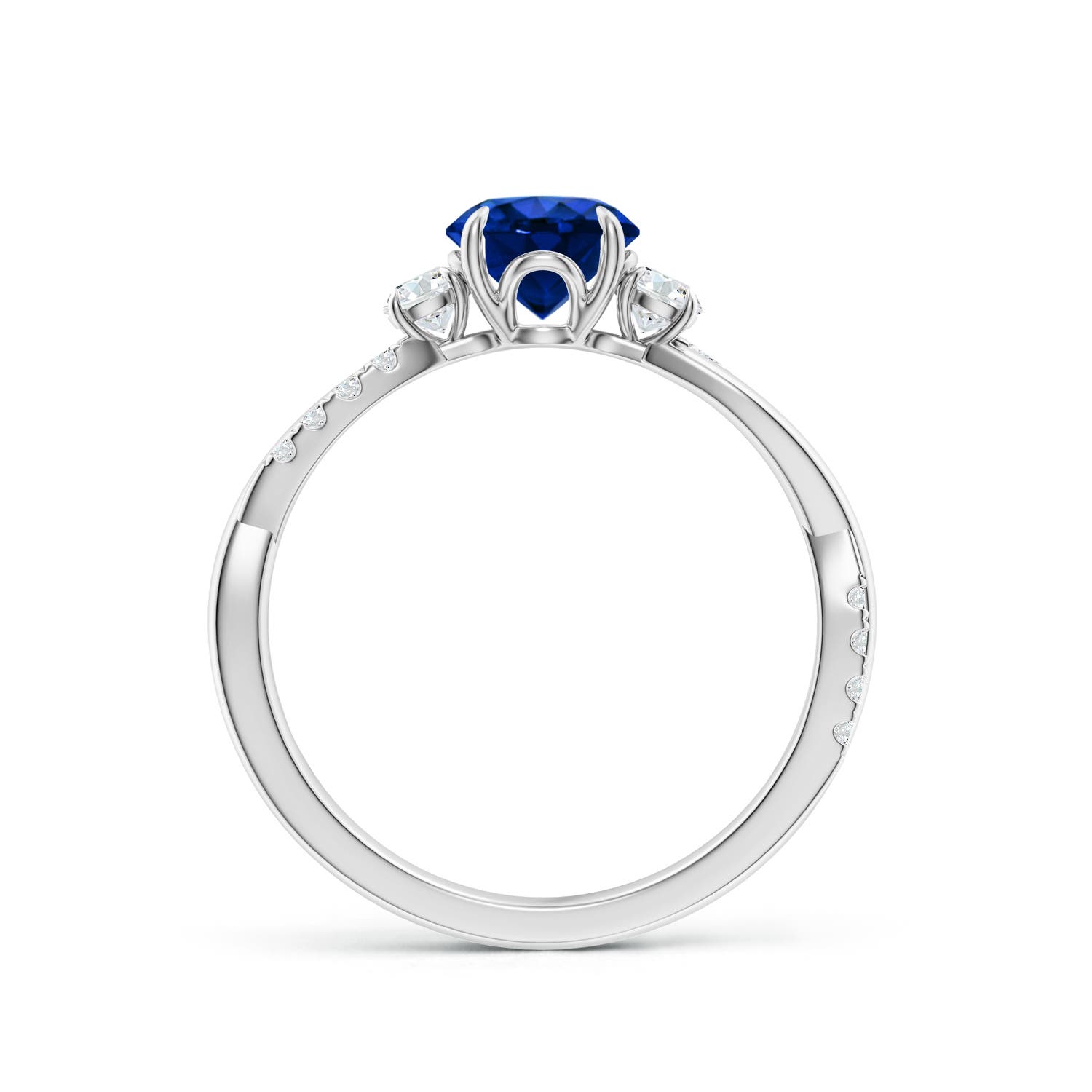 6mm AAAA Three Stone Round Blue Sapphire & Diamond Engagement Ring in 18K White Gold