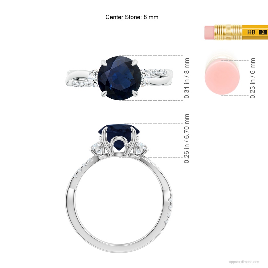 8mm A Three Stone Round Blue Sapphire & Diamond Engagement Ring in White Gold ruler