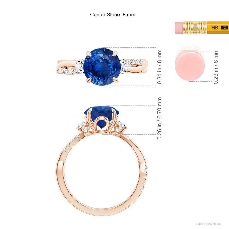 8mm AAA Three Stone Round Blue Sapphire & Diamond Engagement Ring in 18K Rose Gold ruler