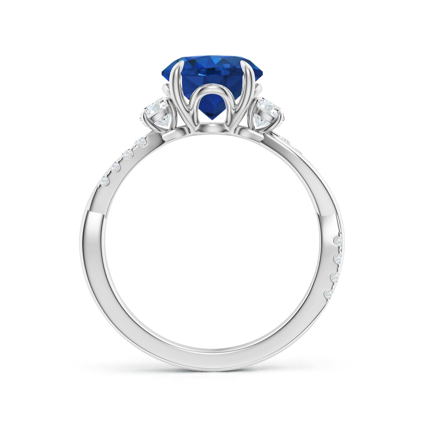 8mm AAA Three Stone Round Blue Sapphire & Diamond Engagement Ring in White Gold