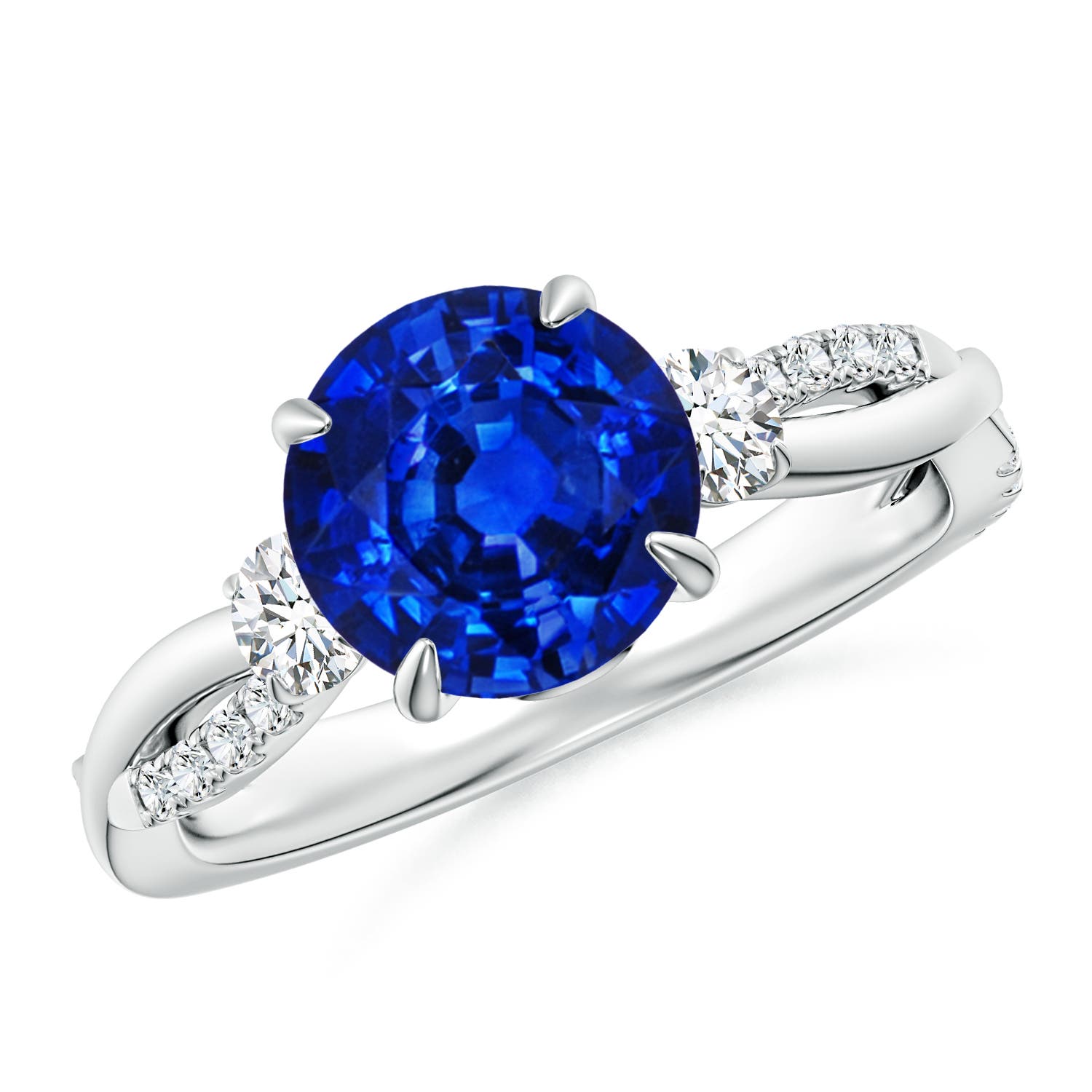 8mm AAAA Three Stone Round Blue Sapphire & Diamond Engagement Ring in 18CT White Gold