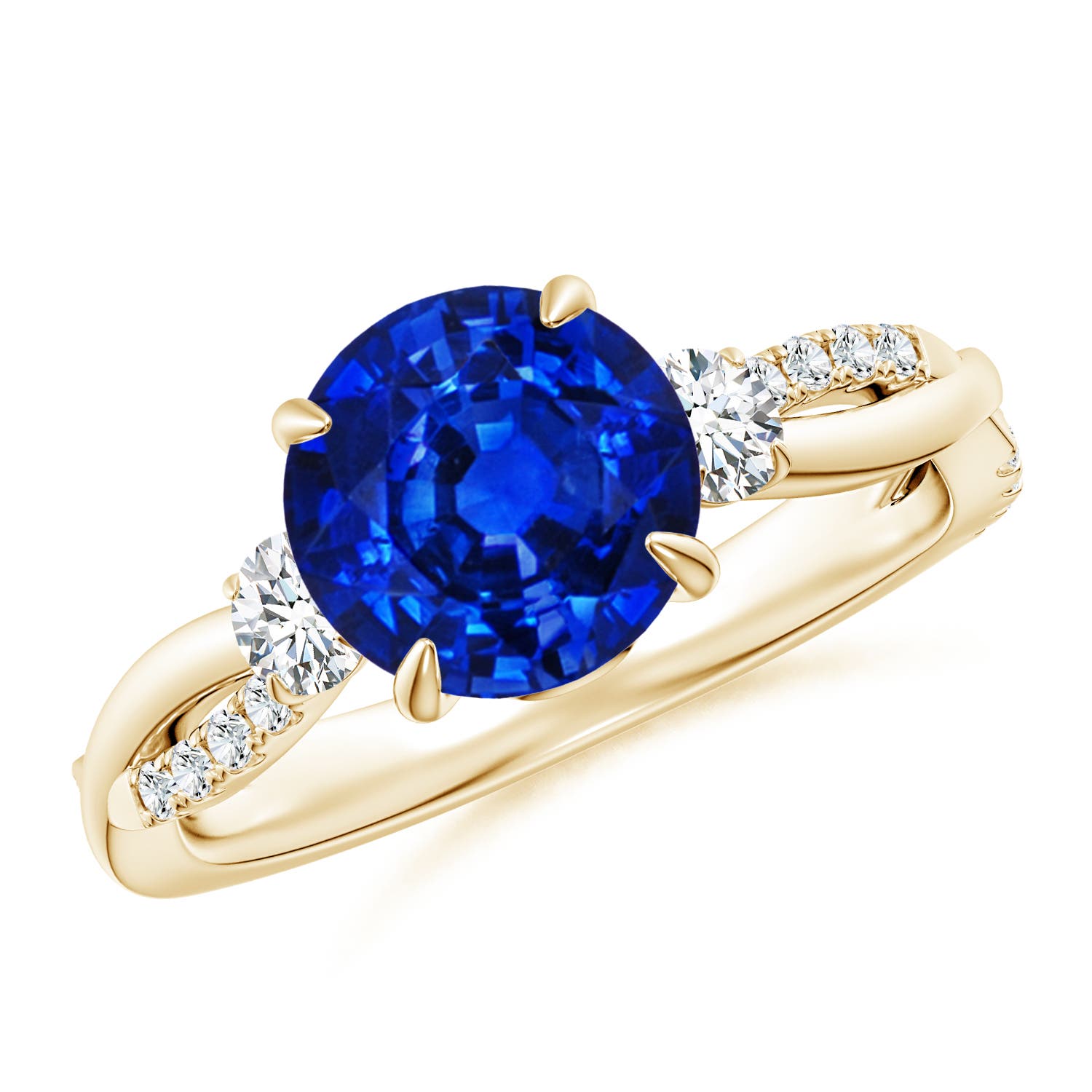 8mm AAAA Three Stone Round Blue Sapphire & Diamond Engagement Ring in 18K Yellow Gold