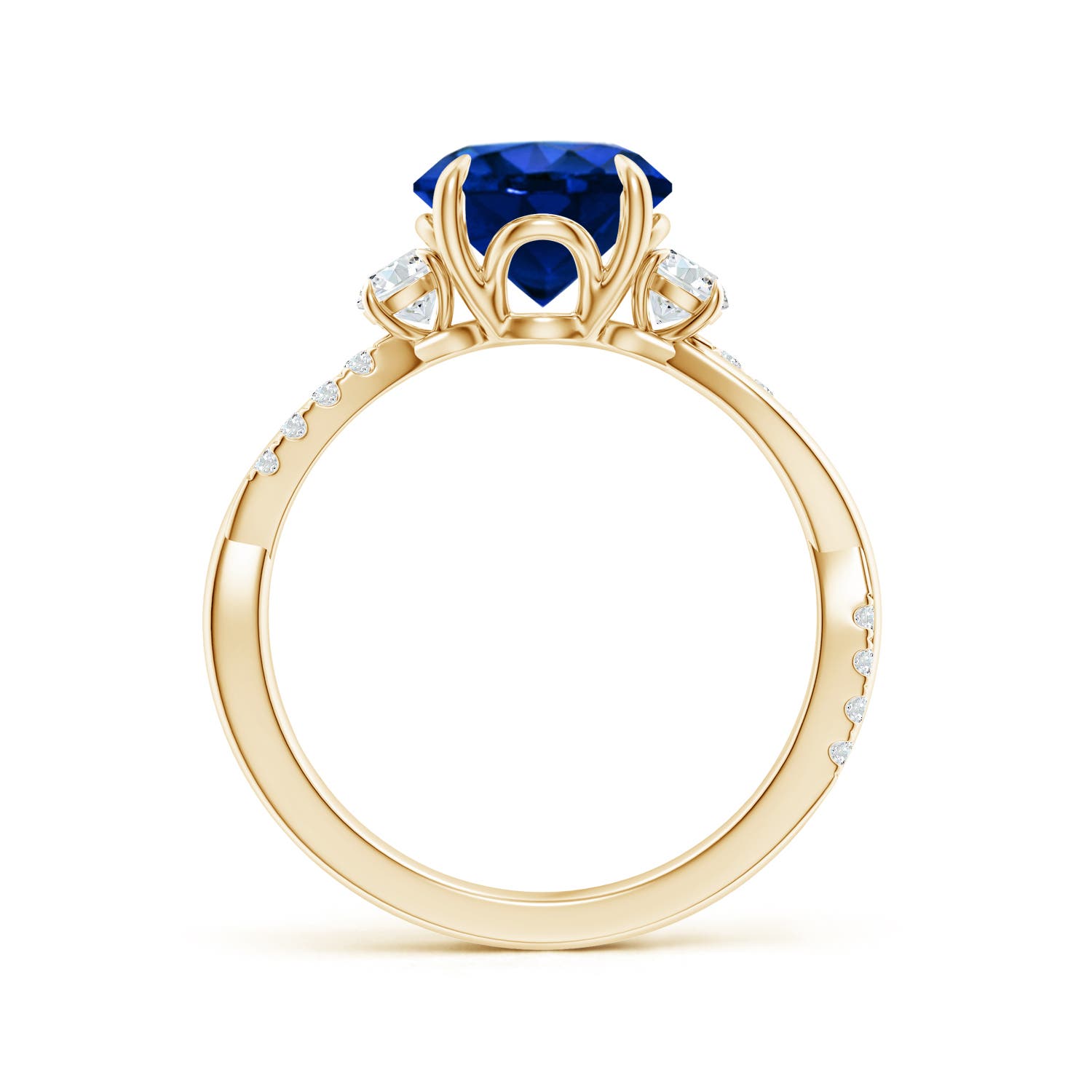 8mm AAAA Three Stone Round Blue Sapphire & Diamond Engagement Ring in 18K Yellow Gold