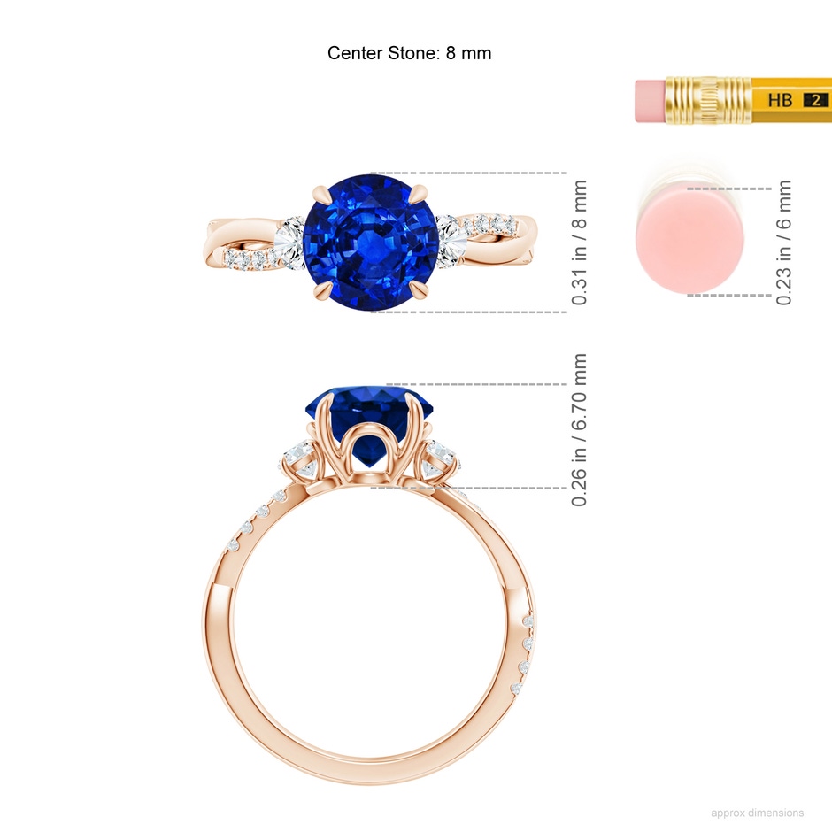 8mm AAAA Three Stone Round Blue Sapphire & Diamond Engagement Ring in Rose Gold ruler