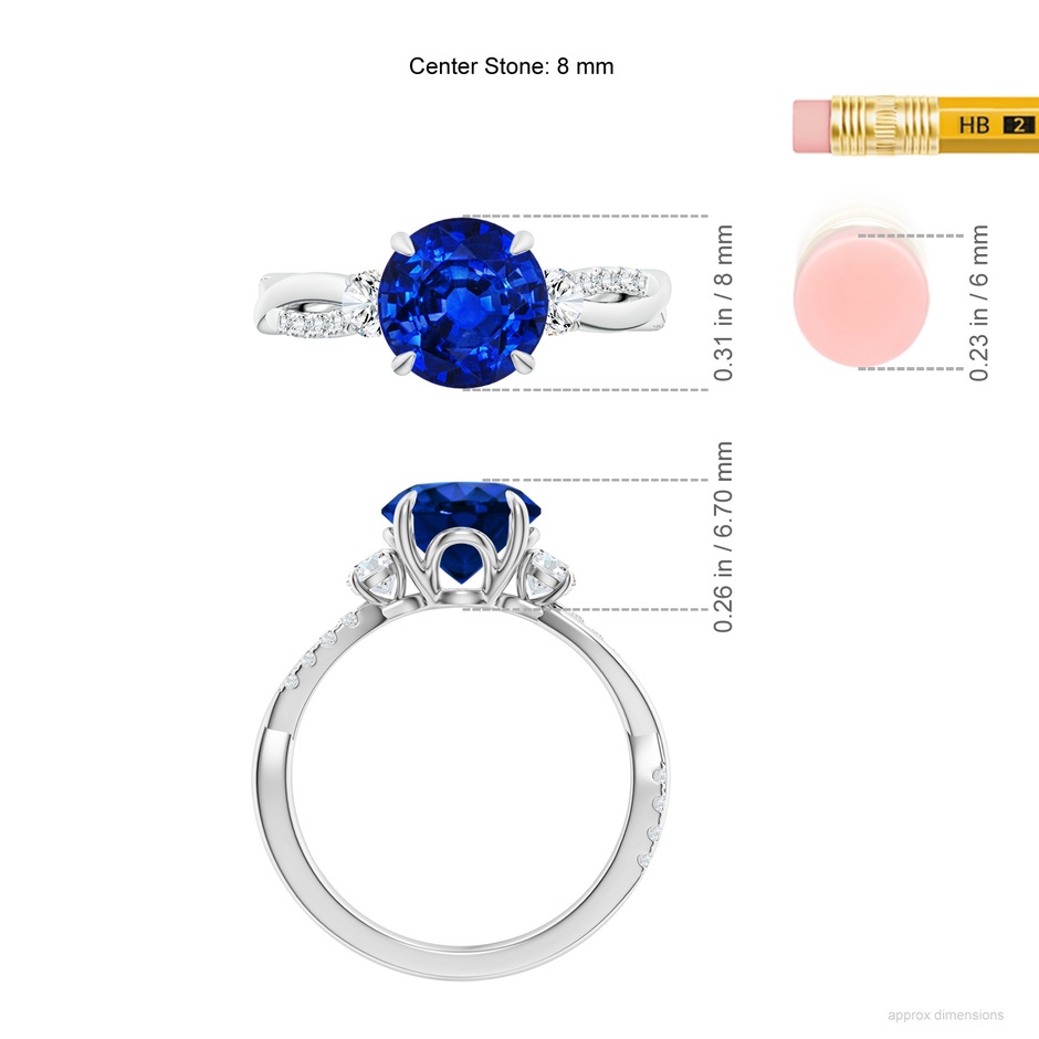 8mm Lab-Grown Three Stone Round Blue Sapphire & Diamond Engagement Ring in White Gold ruler