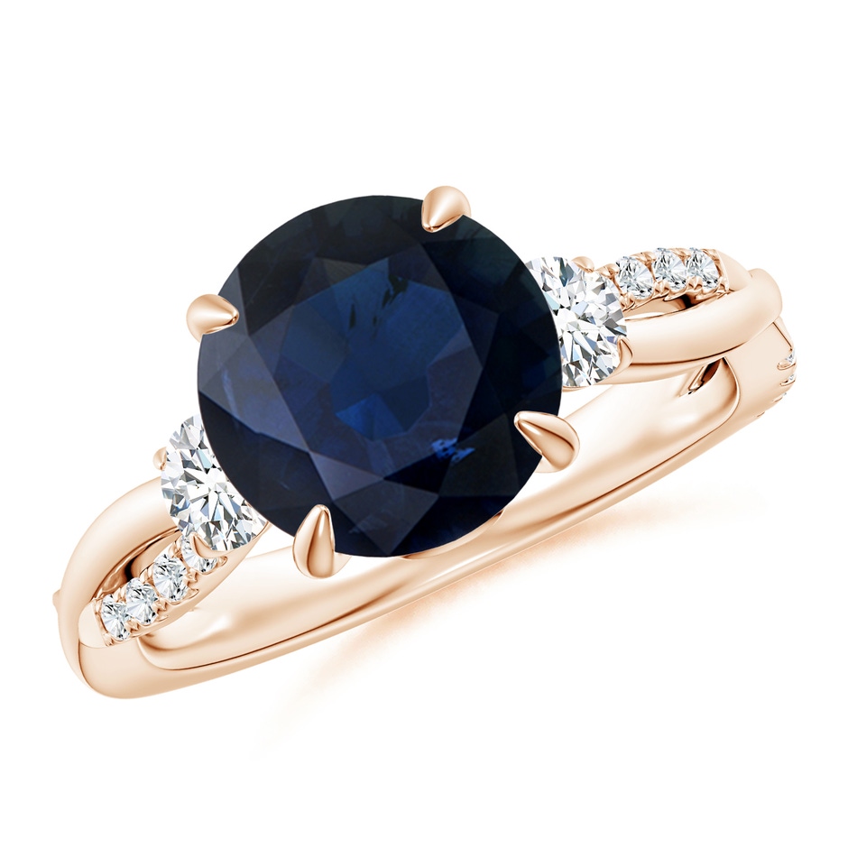 9mm A Three Stone Round Blue Sapphire & Diamond Engagement Ring in 18K Rose Gold 