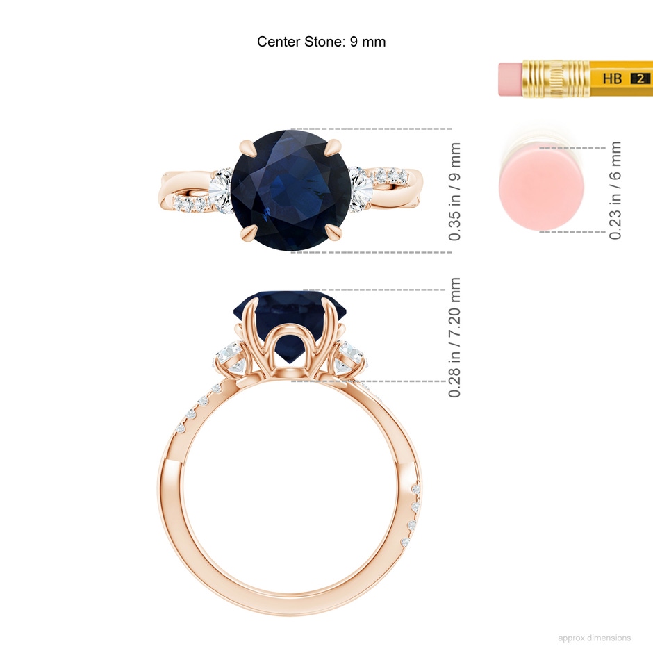 9mm A Three Stone Round Blue Sapphire & Diamond Engagement Ring in 18K Rose Gold ruler
