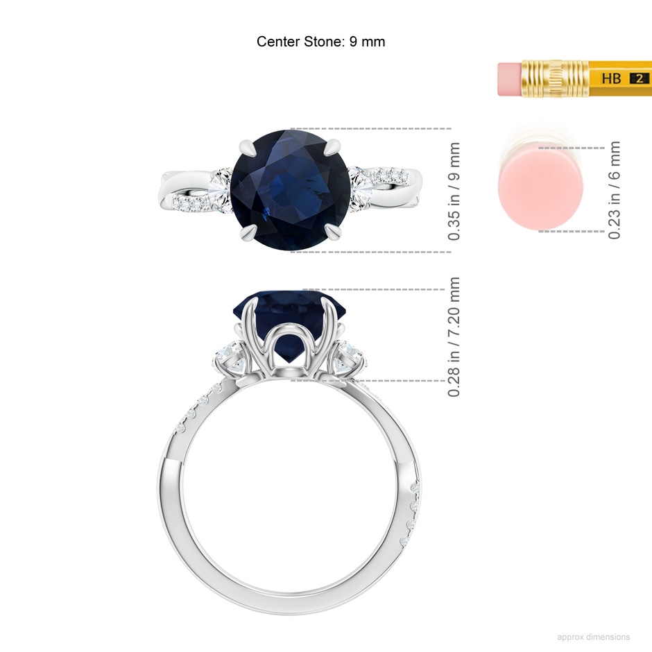 9mm A Three Stone Round Blue Sapphire & Diamond Engagement Ring in P950 Platinum ruler