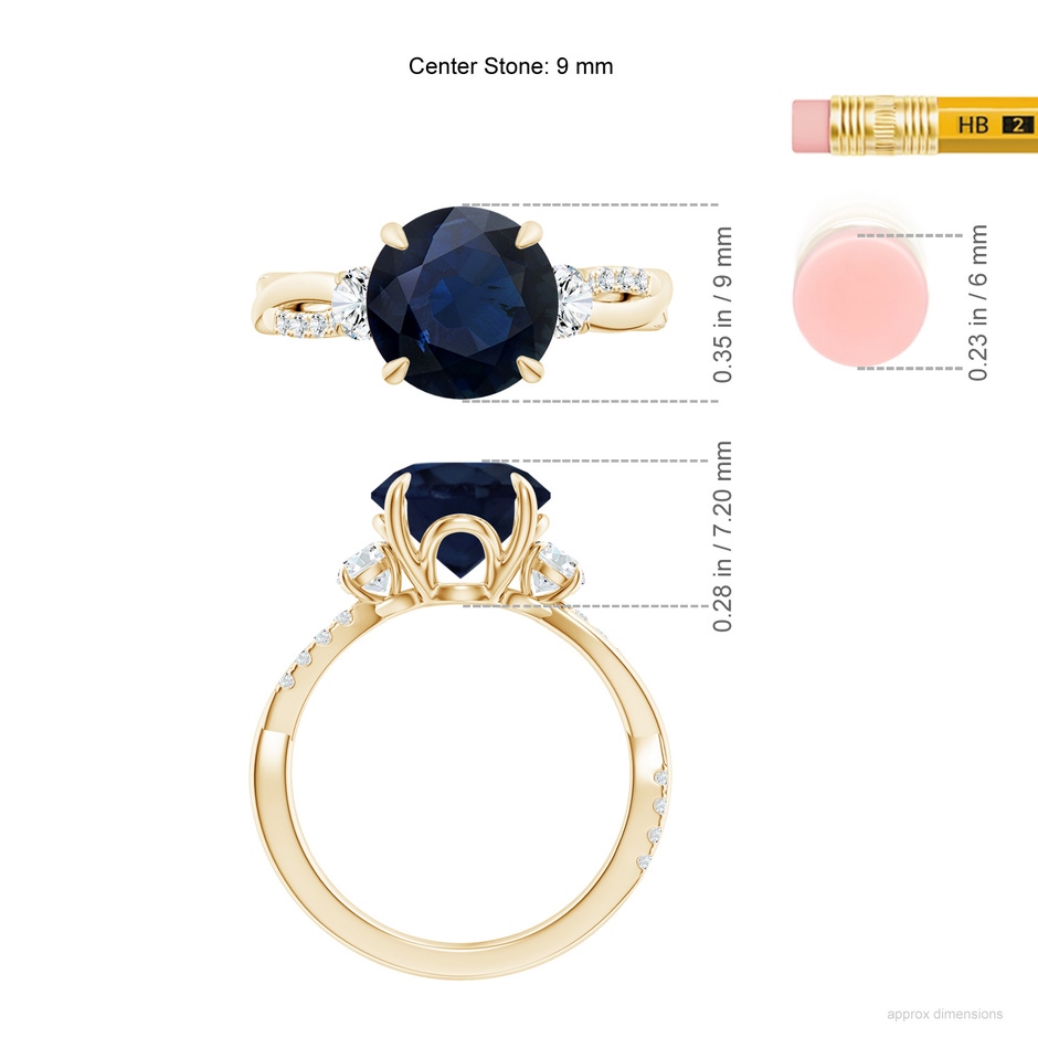 9mm A Three Stone Round Blue Sapphire & Diamond Engagement Ring in Yellow Gold ruler