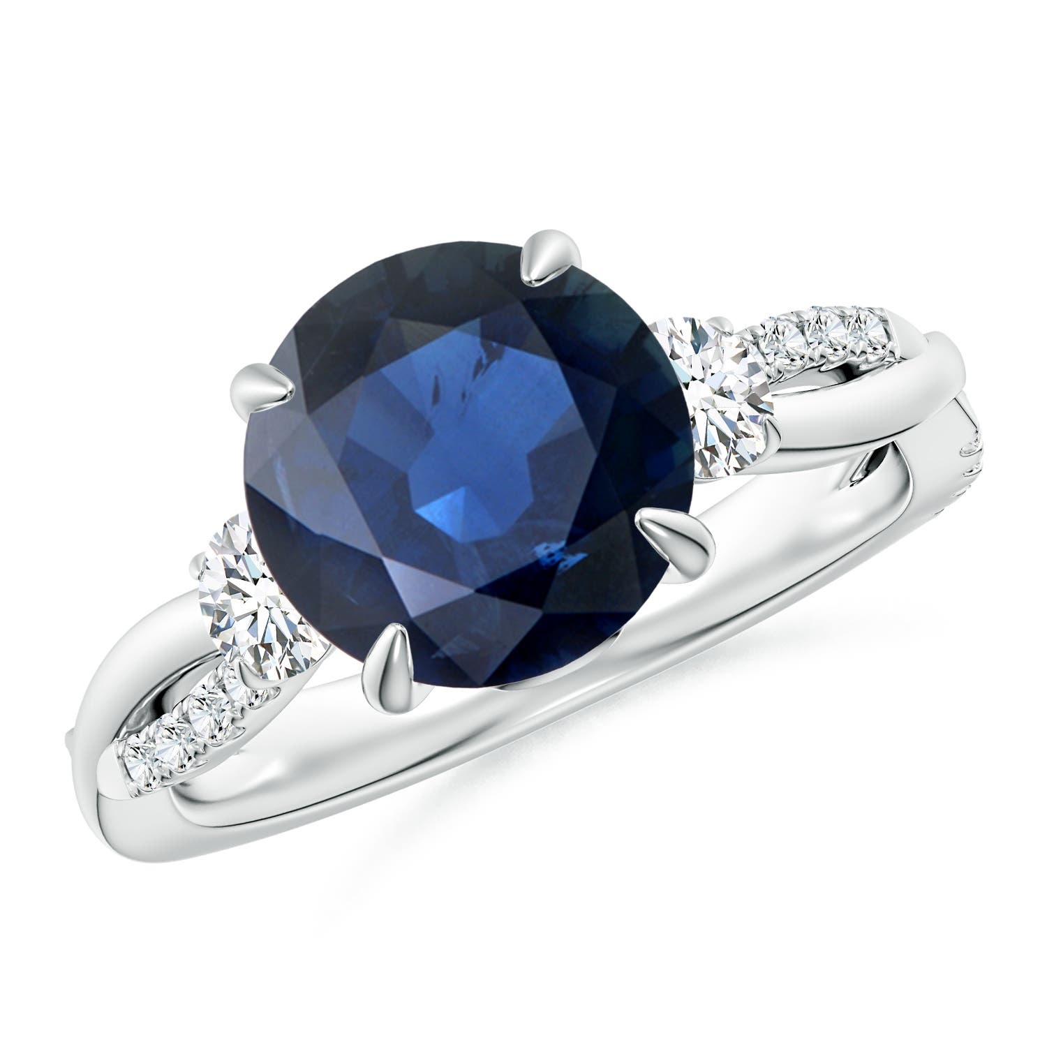 9mm AA Three Stone Round Blue Sapphire & Diamond Engagement Ring in 18CT White Gold