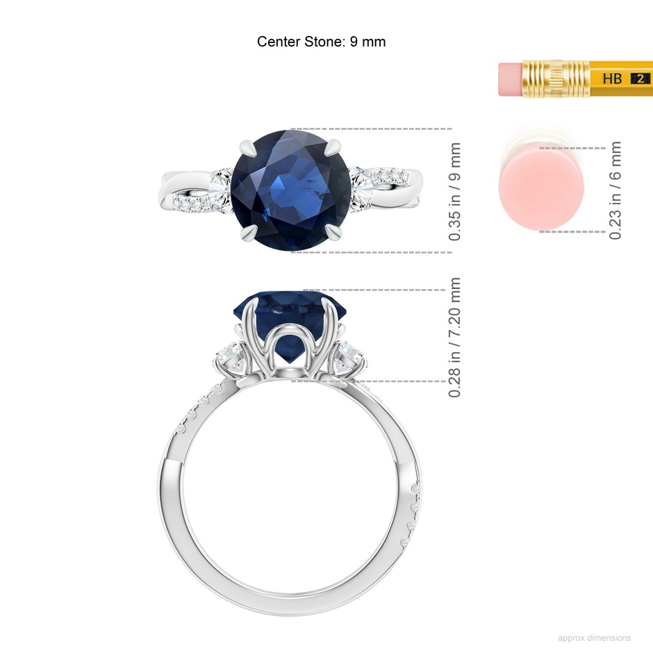 9mm AA Three Stone Round Blue Sapphire & Diamond Engagement Ring in P950 Platinum ruler