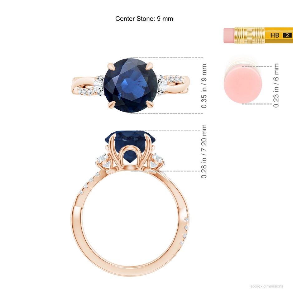 9mm AA Three Stone Round Blue Sapphire & Diamond Engagement Ring in Rose Gold ruler