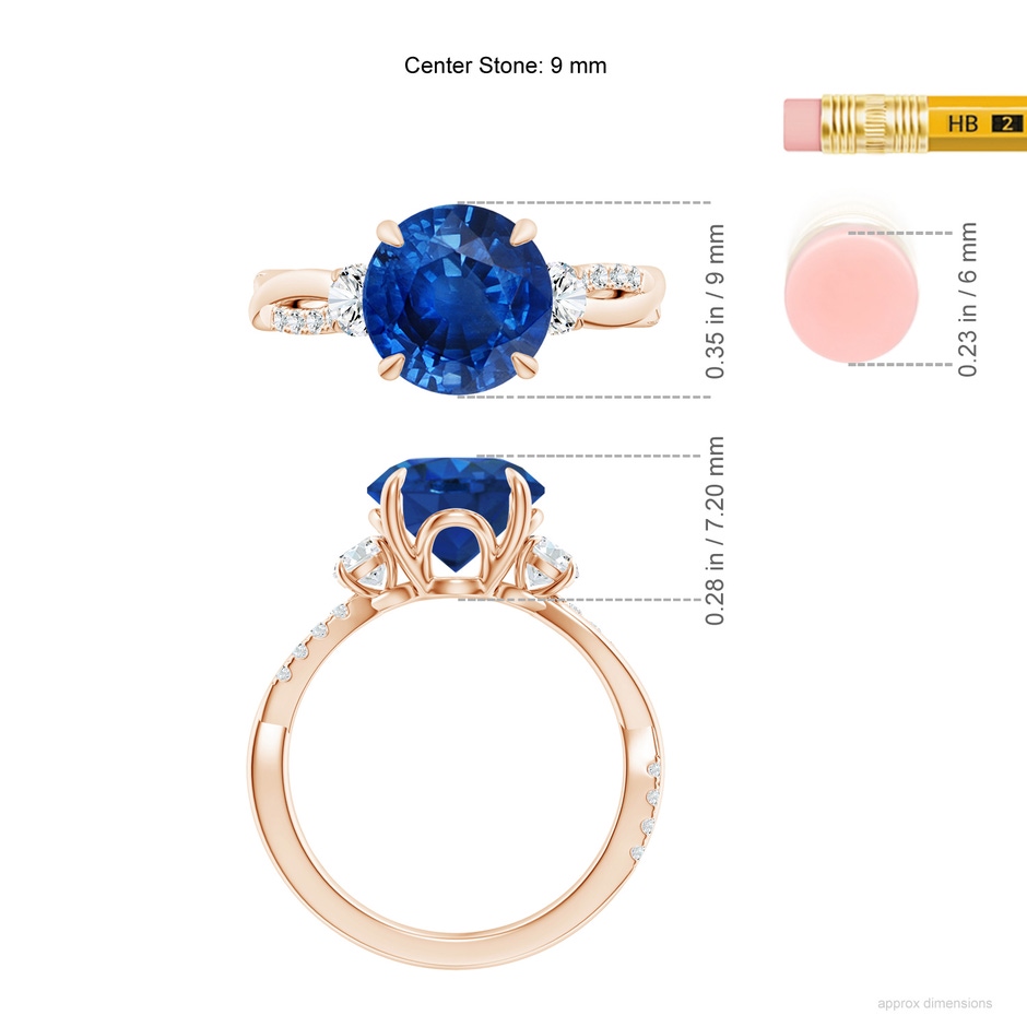 9mm AAA Three Stone Round Blue Sapphire & Diamond Engagement Ring in 18K Rose Gold ruler