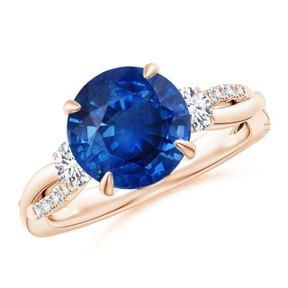 9mm AAA Three Stone Round Blue Sapphire & Diamond Engagement Ring in Rose Gold