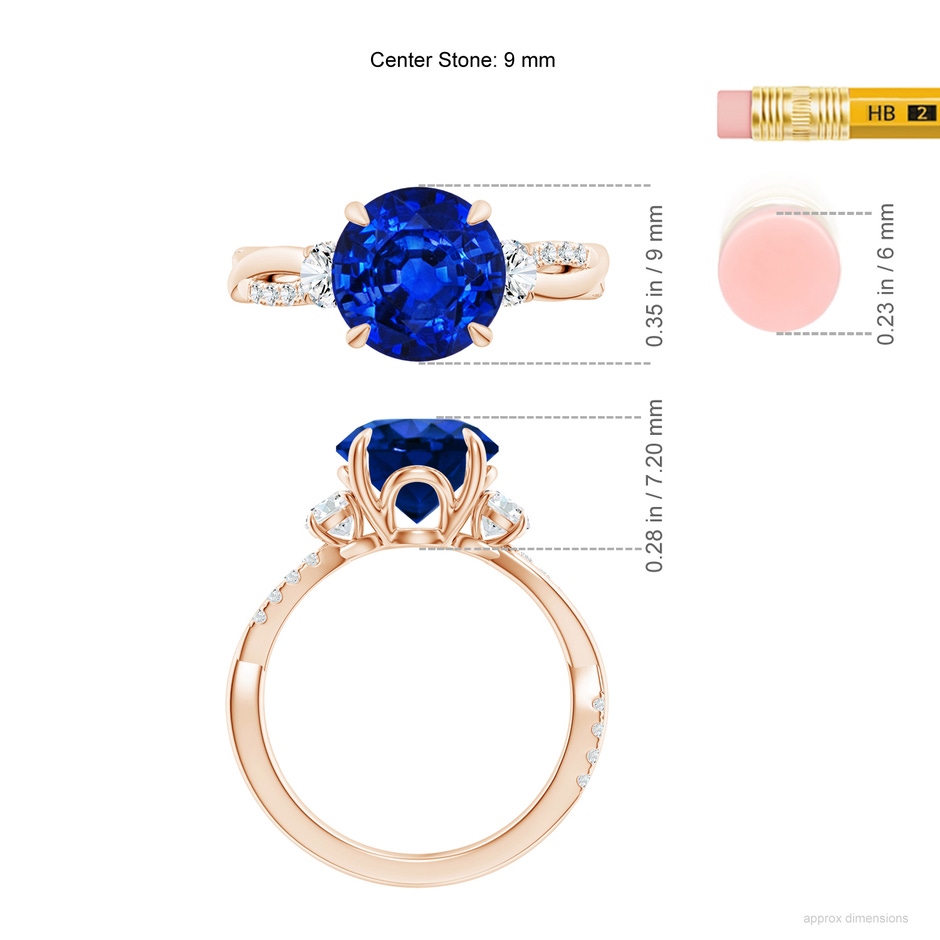 9mm AAAA Three Stone Round Blue Sapphire & Diamond Engagement Ring in 18K Rose Gold ruler