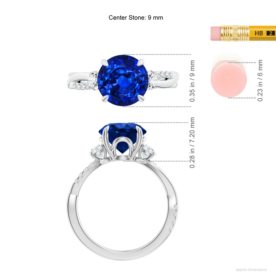9mm Lab-Grown Three Stone Round Blue Sapphire & Diamond Engagement Ring in 18K White Gold ruler