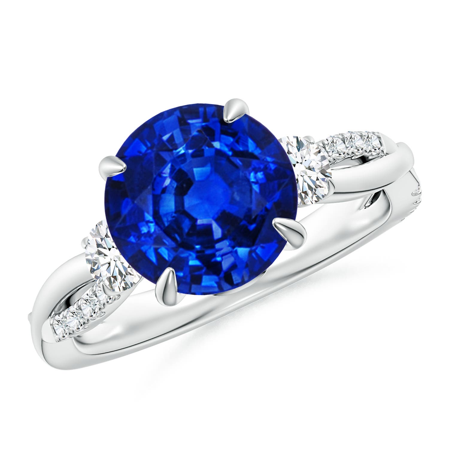 9mm AAAA Three Stone Round Blue Sapphire & Diamond Engagement Ring in White Gold