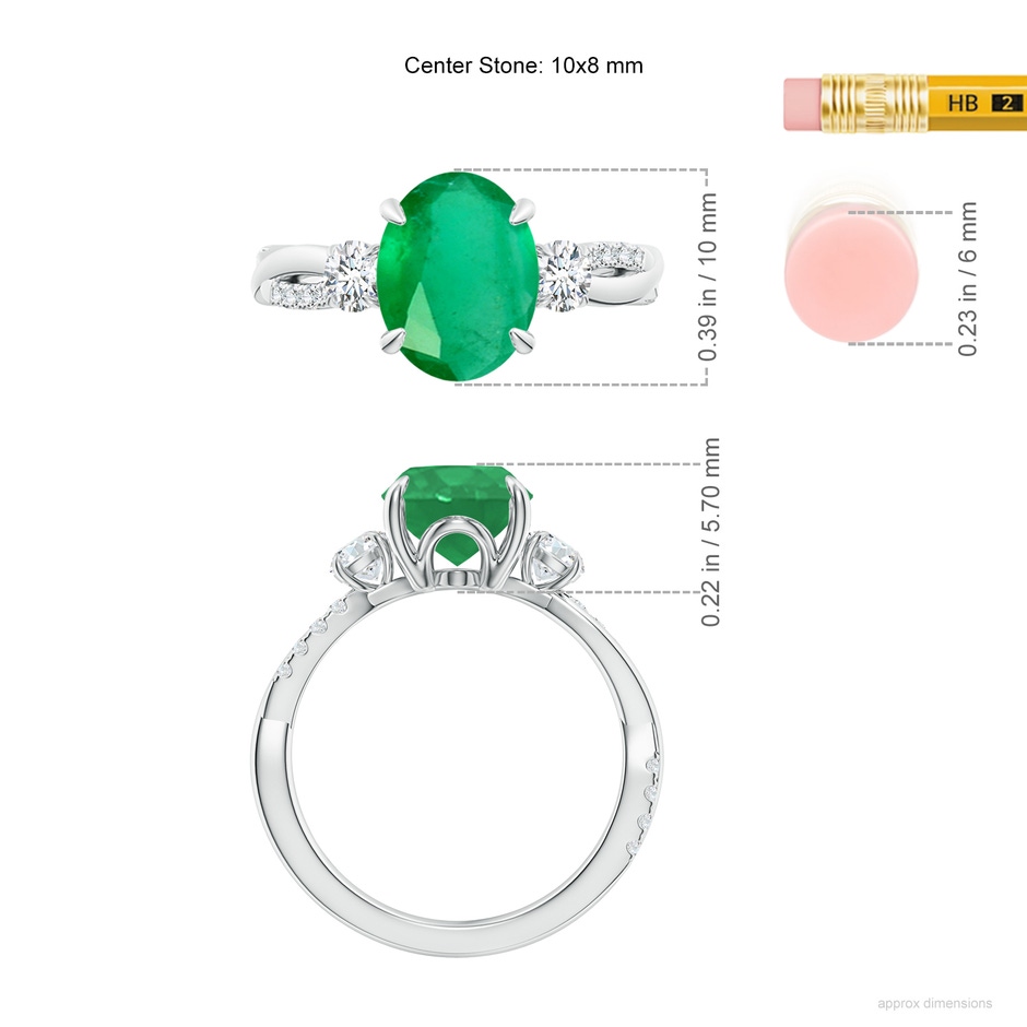 10x8mm A Three Stone Oval Emerald & Round Diamond Engagement Ring in White Gold ruler