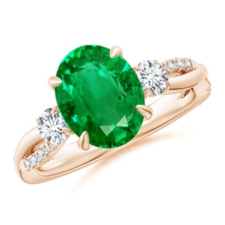 10x8mm AAA Three Stone Oval Emerald & Round Diamond Engagement Ring in 9K Rose Gold