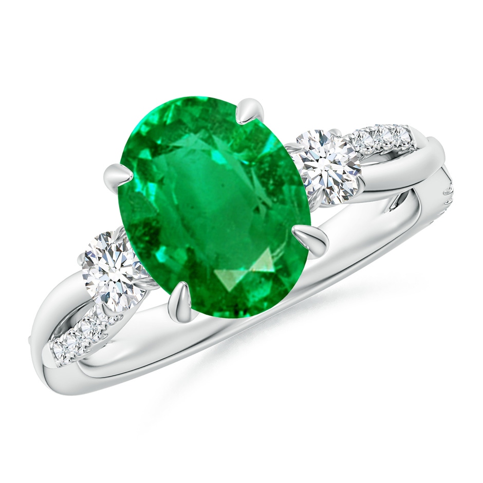 10x8mm AAA Three Stone Oval Emerald & Round Diamond Engagement Ring in White Gold 