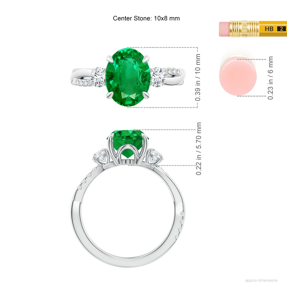 10x8mm AAA Three Stone Oval Emerald & Round Diamond Engagement Ring in White Gold ruler