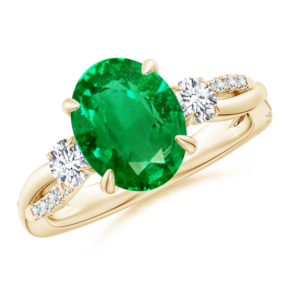 10x8mm AAA Three Stone Oval Emerald & Round Diamond Engagement Ring in Yellow Gold 