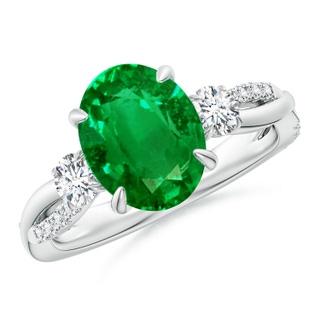10x8mm AAAA Three Stone Oval Emerald & Round Diamond Engagement Ring in P950 Platinum