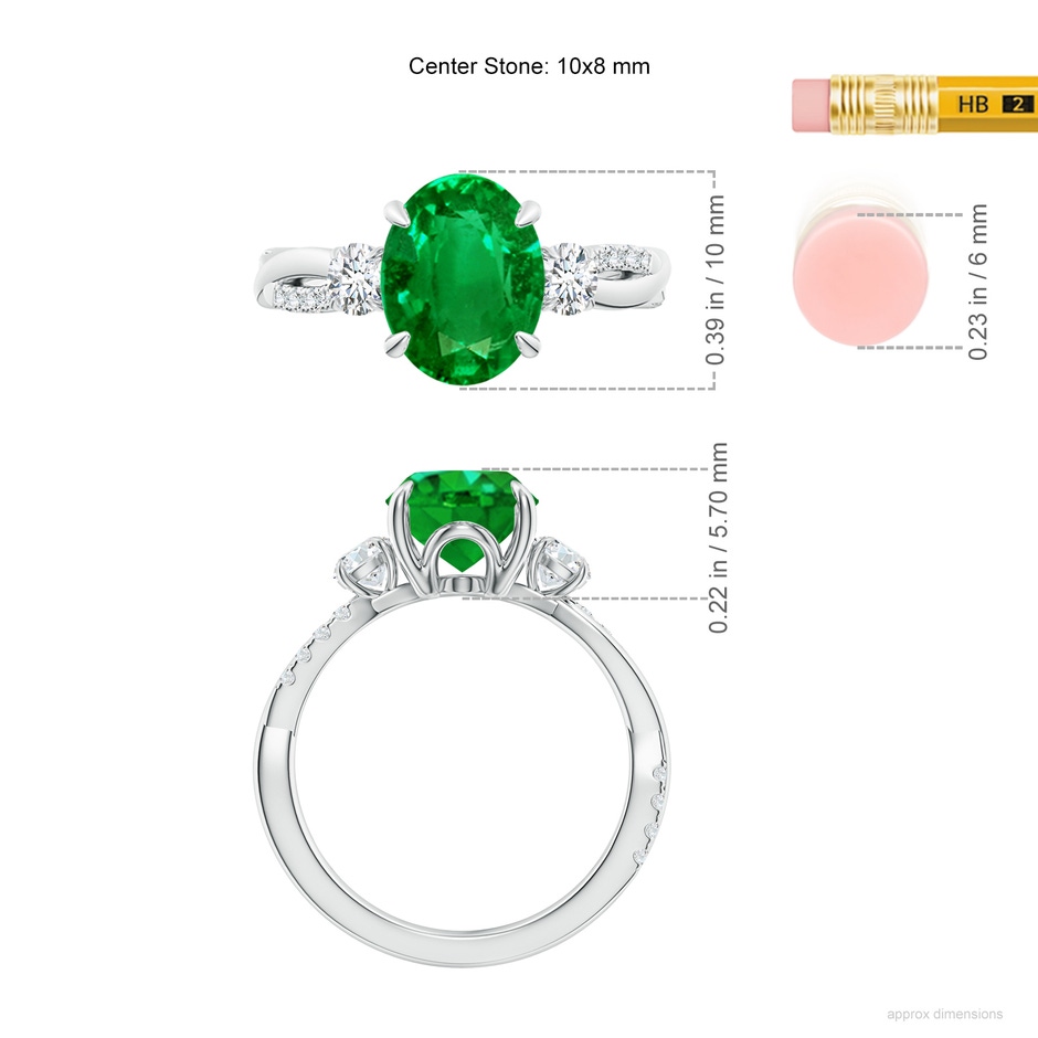 10x8mm AAAA Three Stone Oval Emerald & Round Diamond Engagement Ring in P950 Platinum ruler