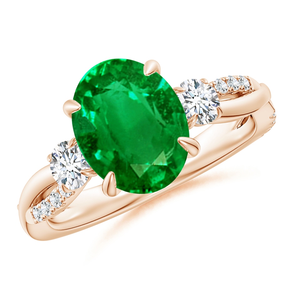 10x8mm AAAA Three Stone Oval Emerald & Round Diamond Engagement Ring in Rose Gold 