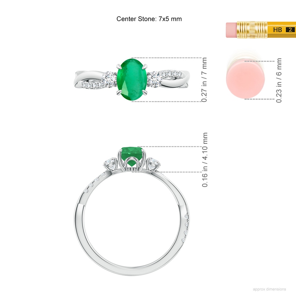 7x5mm A Three Stone Oval Emerald & Round Diamond Engagement Ring in P950 Platinum ruler