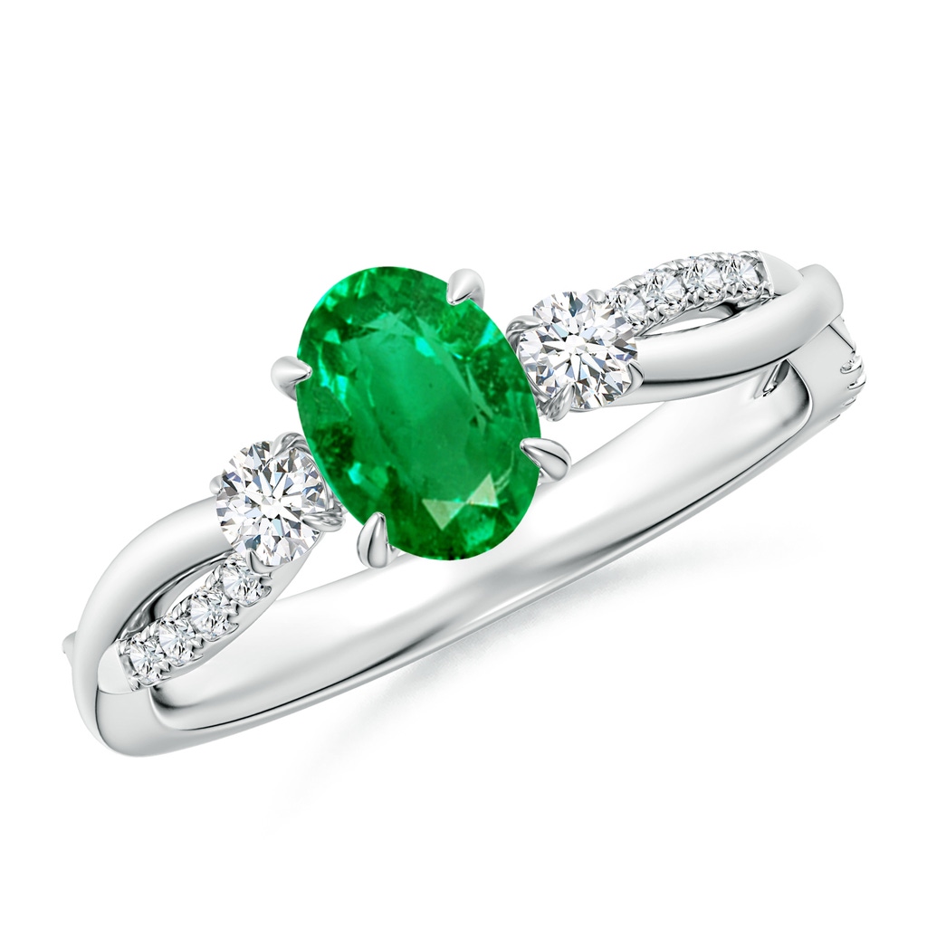 7x5mm AAA Three Stone Oval Emerald & Round Diamond Engagement Ring in 18K White Gold