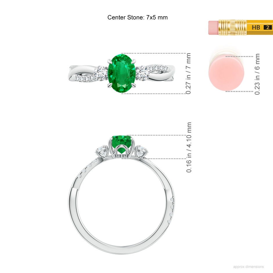 7x5mm AAA Three Stone Oval Emerald & Round Diamond Engagement Ring in 18K White Gold ruler