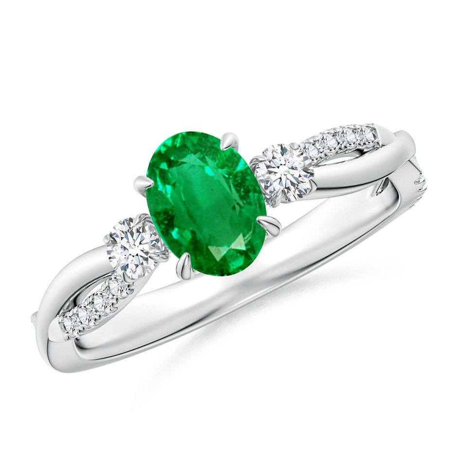 7x5mm AAA Three Stone Oval Emerald & Round Diamond Engagement Ring in White Gold 