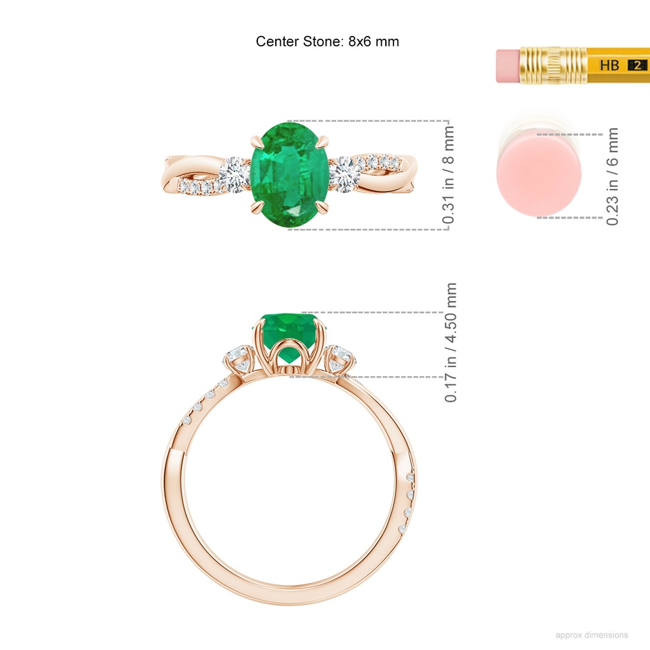 8x6mm AA Three Stone Oval Emerald & Round Diamond Engagement Ring in Rose Gold ruler