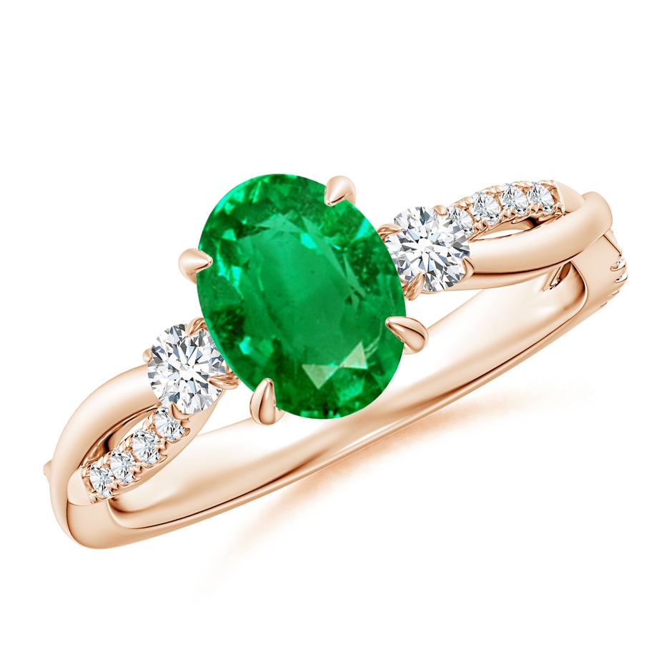 8x6mm AAA Three Stone Oval Emerald & Round Diamond Engagement Ring in Rose Gold 
