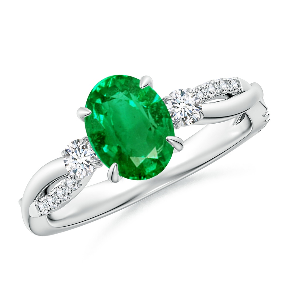 8x6mm AAA Three Stone Oval Emerald & Round Diamond Engagement Ring in White Gold 