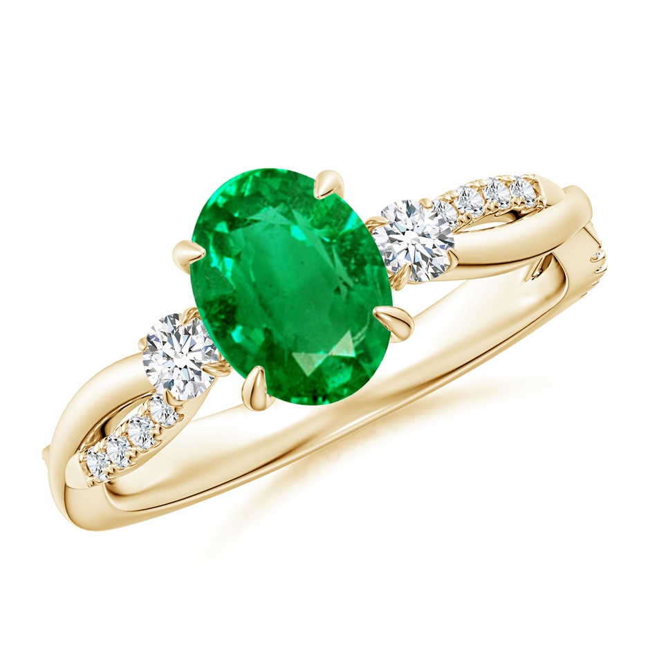 8x6mm AAA Three Stone Oval Emerald & Round Diamond Engagement Ring in Yellow Gold 
