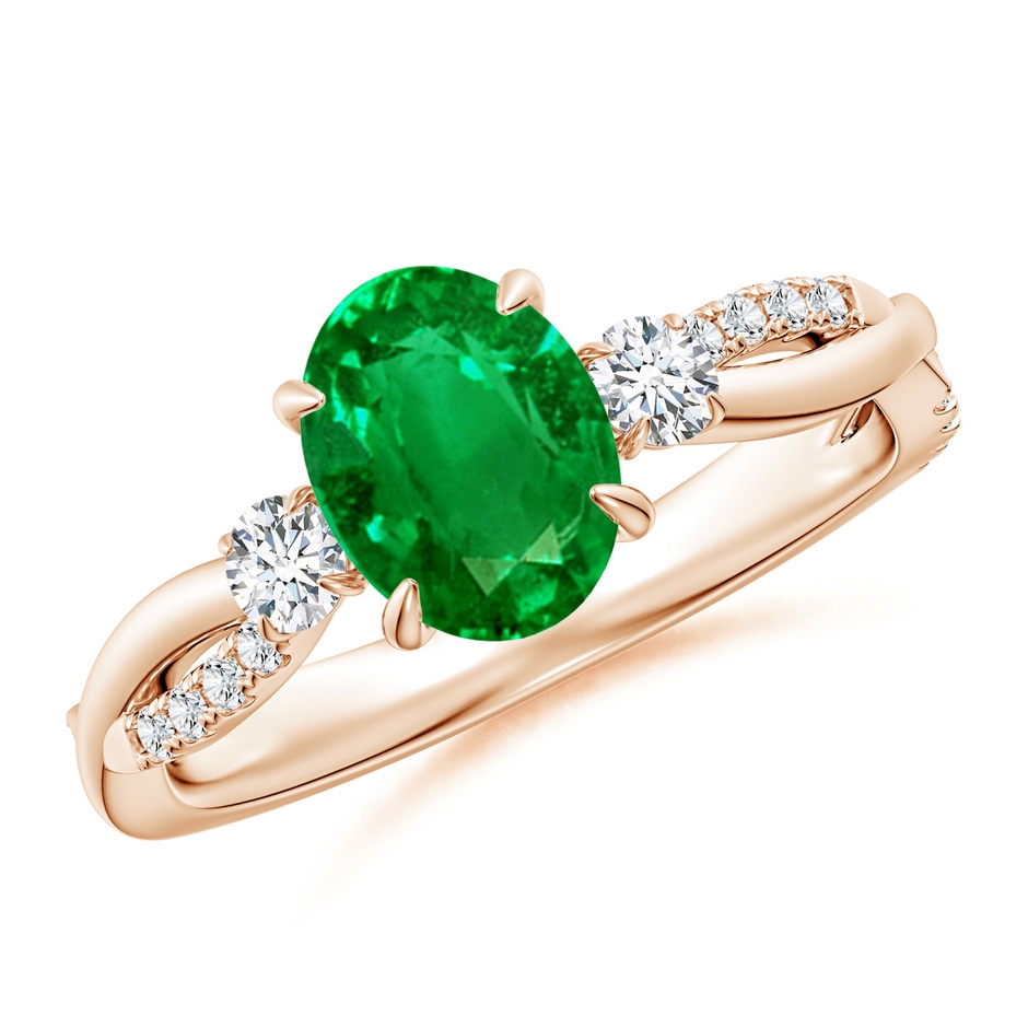 8x6mm AAAA Three Stone Oval Emerald & Round Diamond Engagement Ring in Rose Gold 