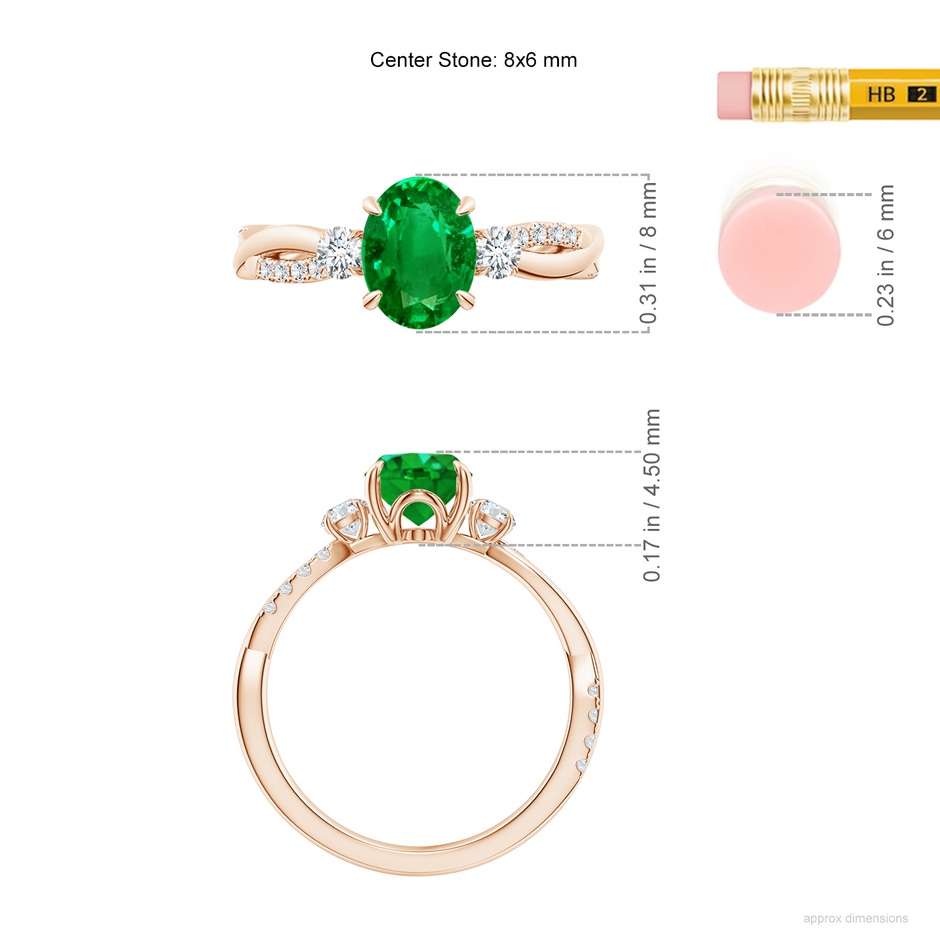 8x6mm AAAA Three Stone Oval Emerald & Round Diamond Engagement Ring in Rose Gold ruler