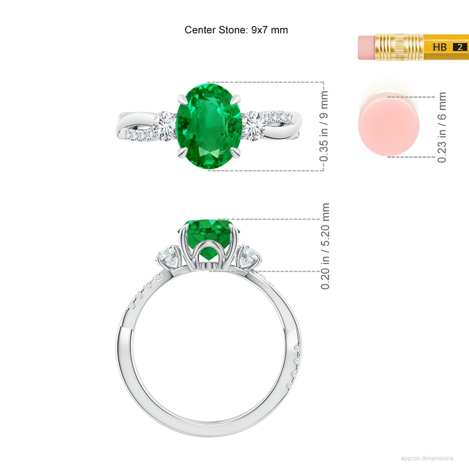 9x7mm AAA Three Stone Oval Emerald & Round Diamond Engagement Ring in White Gold ruler