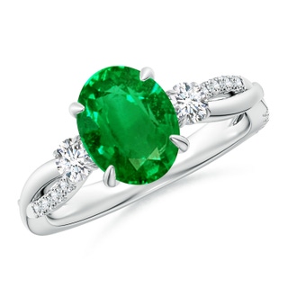 9x7mm AAAA Three Stone Oval Emerald & Round Diamond Engagement Ring in P950 Platinum