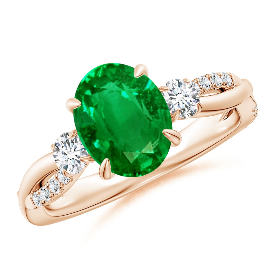 9x7mm AAAA Three Stone Oval Emerald & Round Diamond Engagement Ring in Rose Gold 