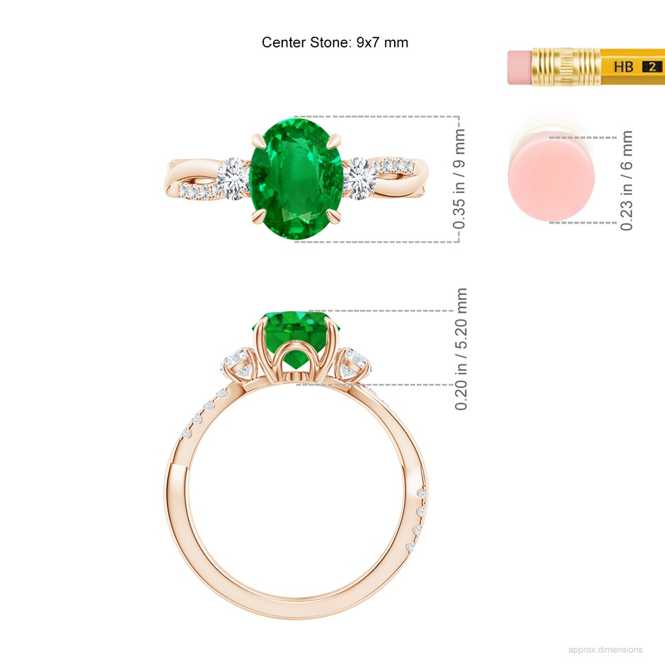 9x7mm AAAA Three Stone Oval Emerald & Round Diamond Engagement Ring in Rose Gold ruler